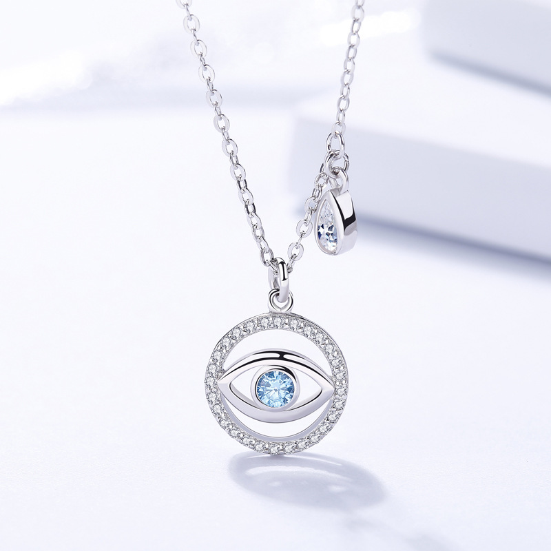 S925 sterling silver simple fashion generous blue eyes round inlaid zircon necklace