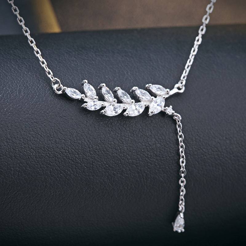 925 Silver Dainty Zircon Leaf Necklace cz Women