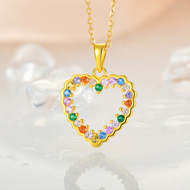 925 Sterling Silver 18k Gold plated charm heart Necklace colorful stone jewelry