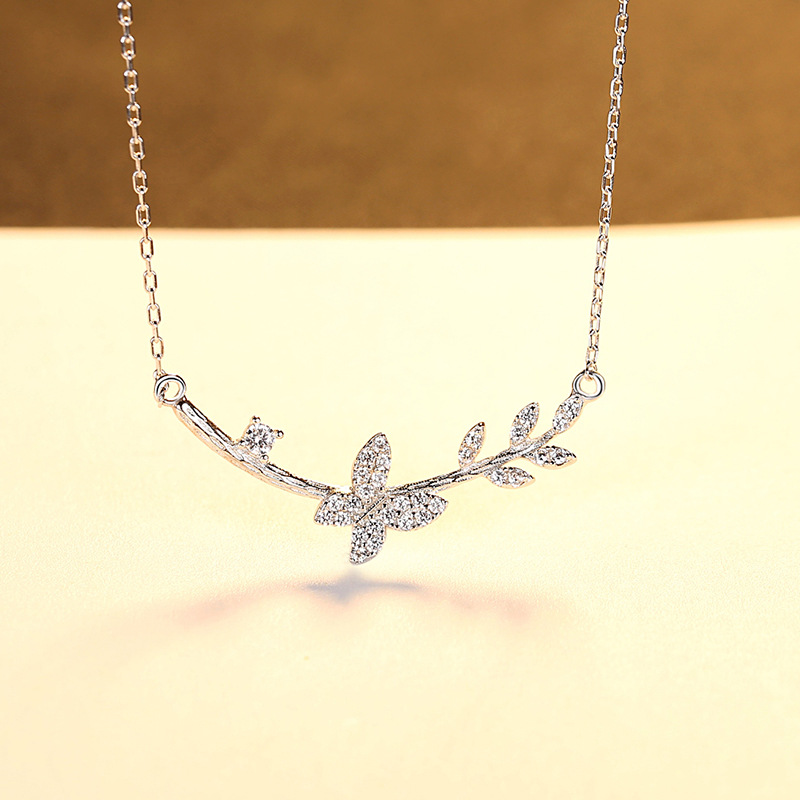 Exquisite Platinum Plated S925 Silver Cubic Zirconia Leaf Necklace Sterling Silver Zircon Butterfly Pendant Necklace