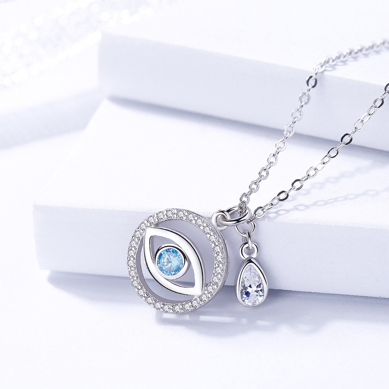 S925 sterling silver simple fashion generous blue eyes round inlaid zircon necklace