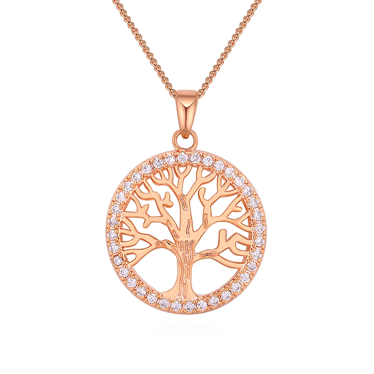 Rose Gold Plated Rhinestone Crystal Tree Of Life Necklace CZ Cubic Zirconia Round Tree Pendant Necklace