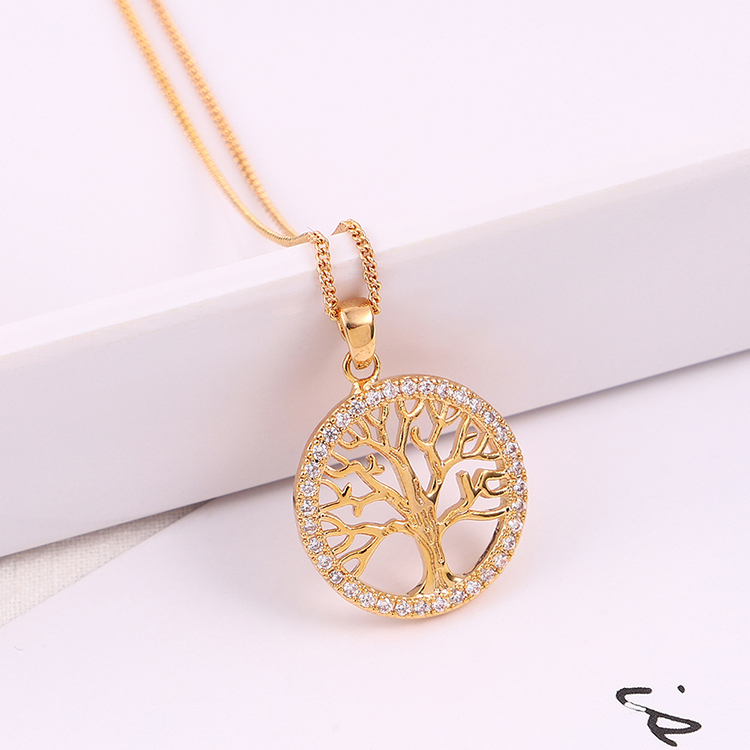 Rose Gold Plated Rhinestone Crystal Tree Of Life Necklace CZ Cubic Zirconia Round Tree Pendant Necklace