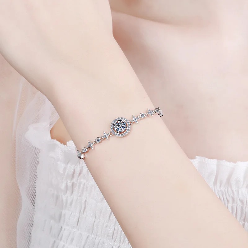 925 Sterling Silver Round Zircon Adjustable Bracelet for Women