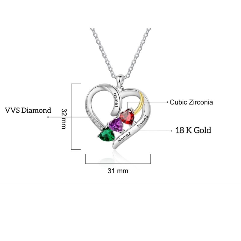 VVS Diamond 18 k Customised Birth Stone with Three Names on Necklace - Personalized Premium Birthstone Diamond Necklace