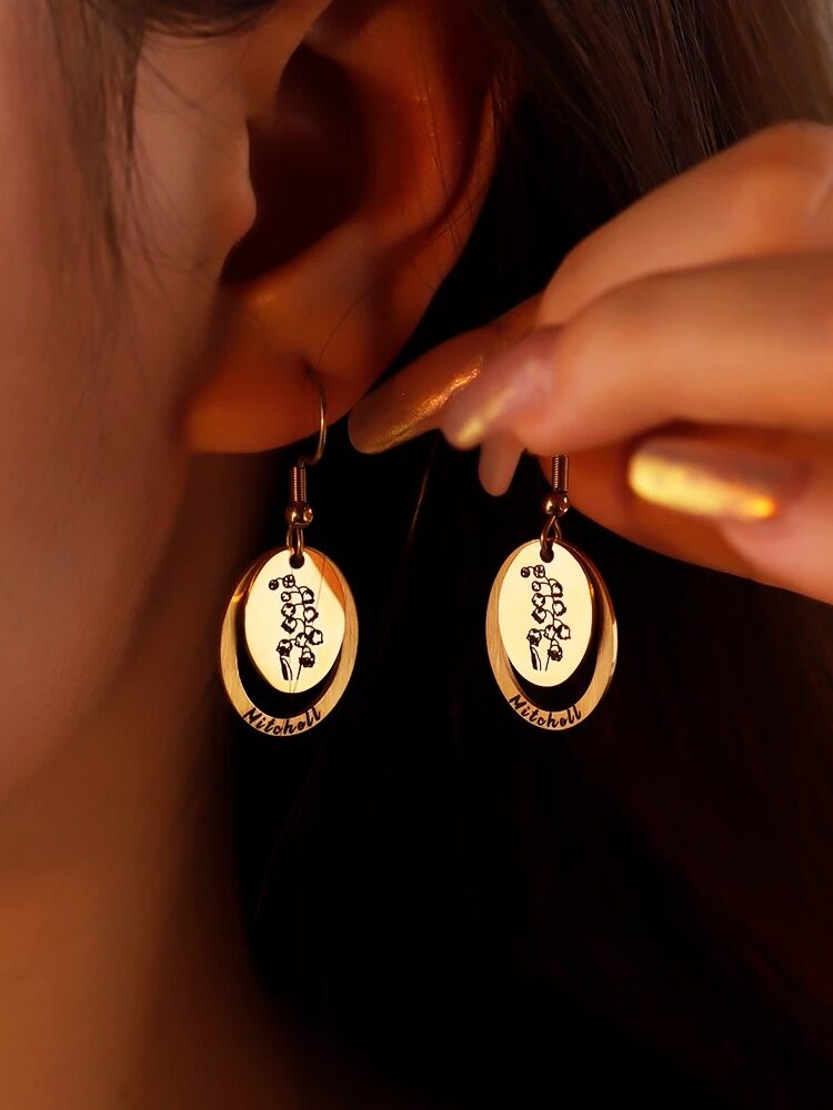 Customized Earring Pair with Name and Flower Engraved