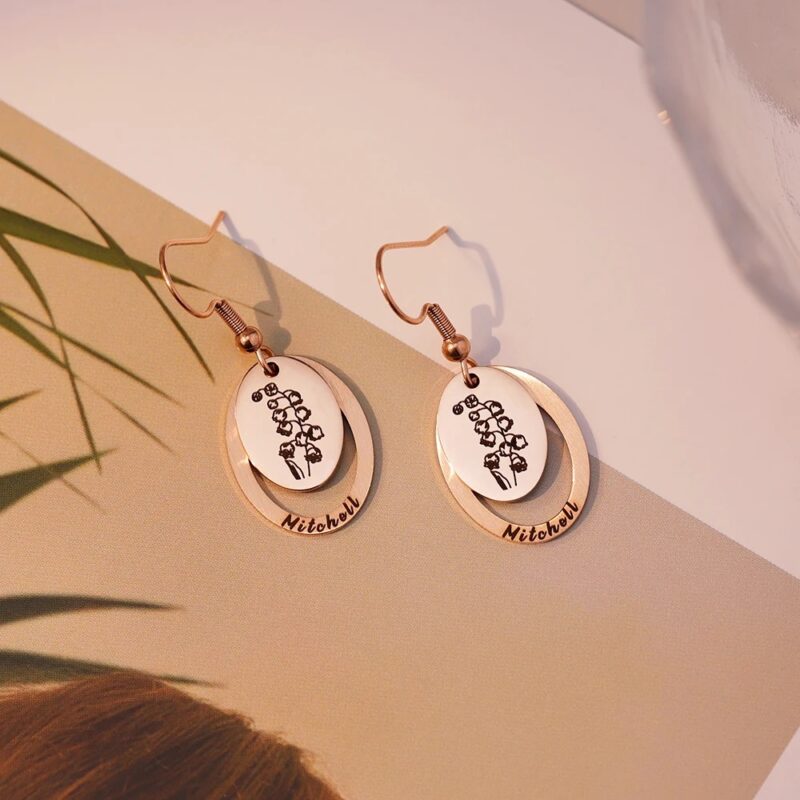 Customized Earring Pair with Name and Flower Engraved