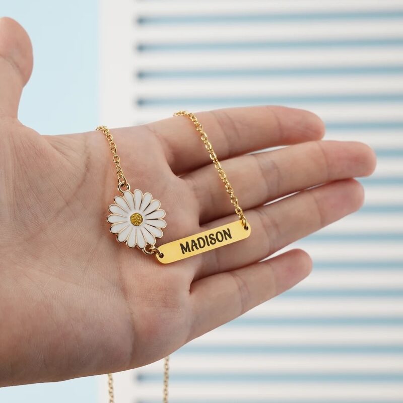 Customized Sunflower Name Bar Necklace Name Engraved for Women