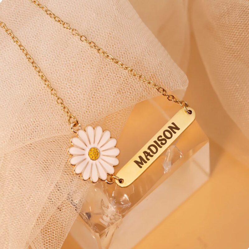 Customized Sunflower Name Bar Necklace Name Engraved for Women