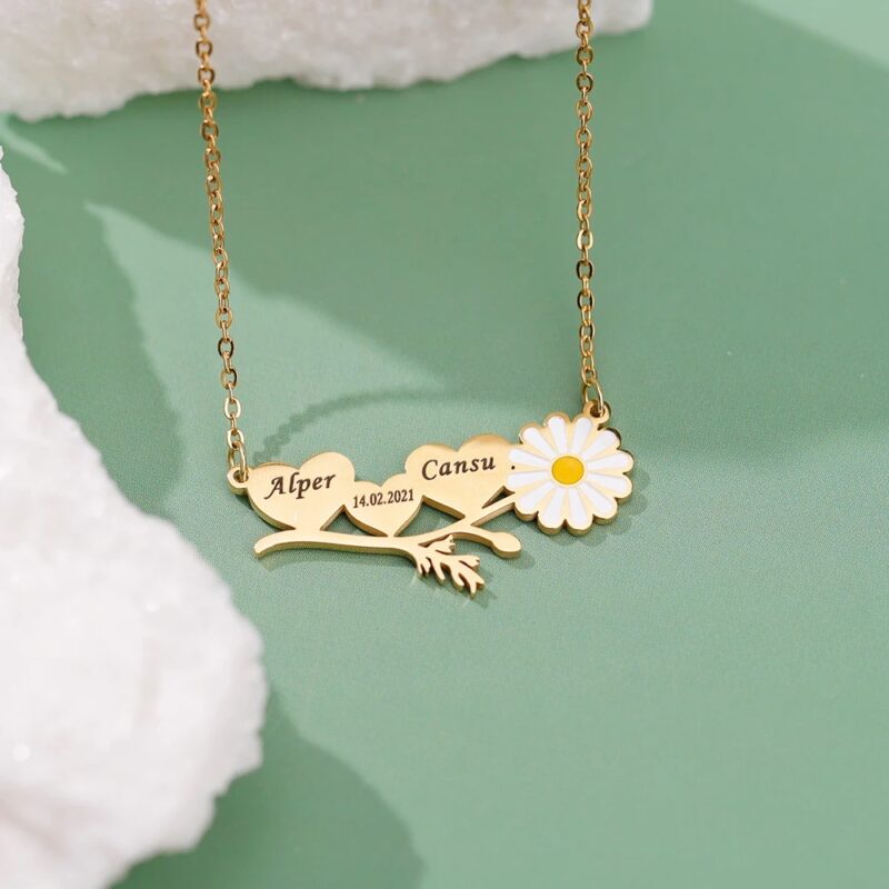 Customized Sunflower Heart Necklace with Names for Women