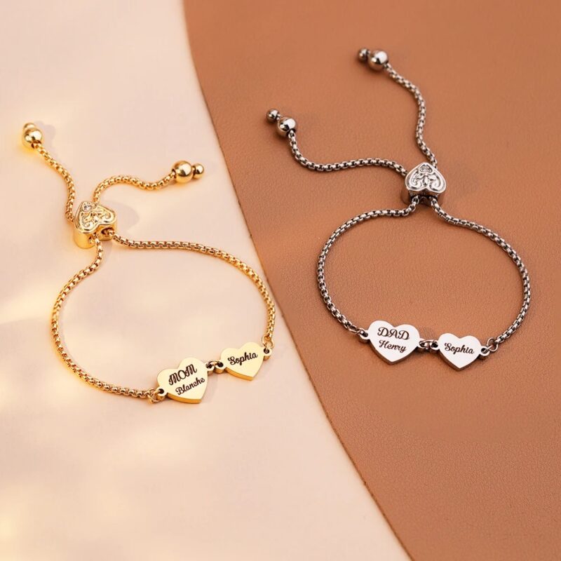 Customized Double Heart Adjustable Bracelet with Name for Women