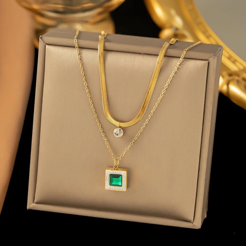 18 k Gold Plated Double Layer Emerald Square Necklace for Women