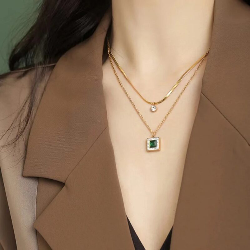 18 k Gold Plated Double Layer Emerald Square Necklace for Women