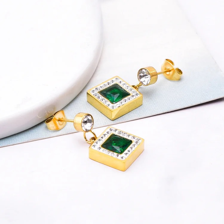 18 k Gold Plated Double Layer Emerald Square Earring for Women