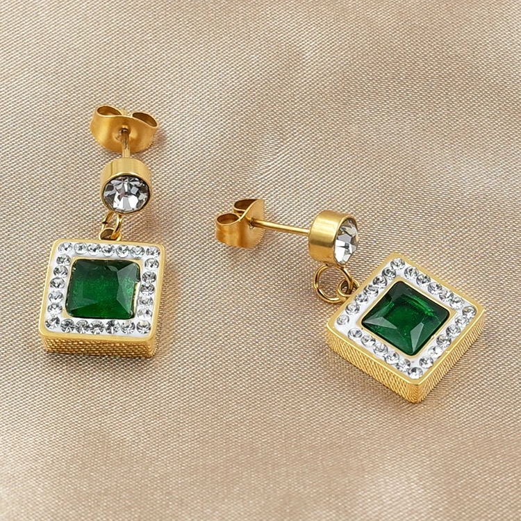 18 k Gold Plated Double Layer Emerald Square Earring for Women