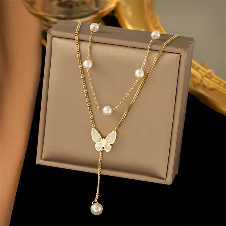 18 k Gold Plated Double Layer Butterfly Pearl Necklace for Women