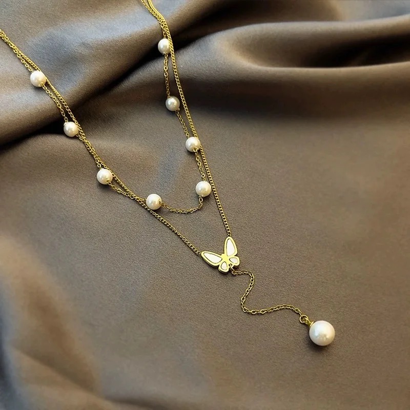 18 k Gold Plated Double Layer Butterfly Pearl Necklace for Women