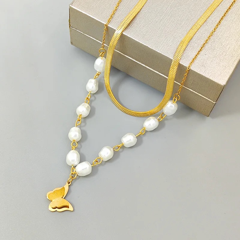 18 k Gold Plated Double Layer Butterfly with Pearl Necklace for Women