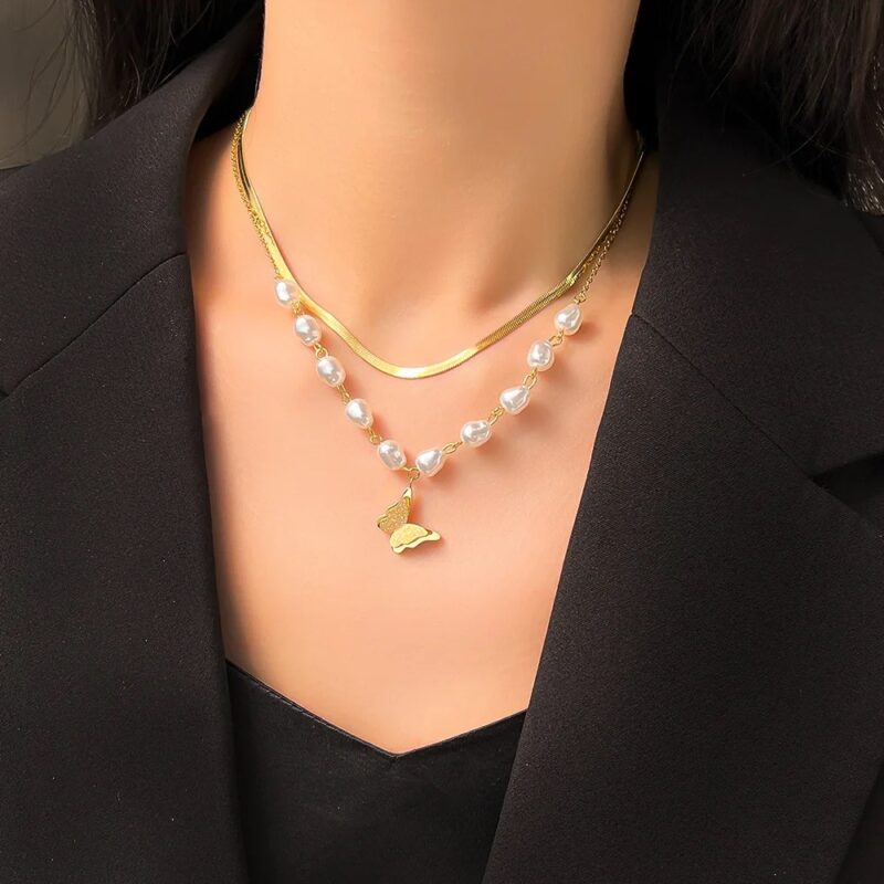 18 k Gold Plated Double Layer Butterfly with Pearl Necklace for Women