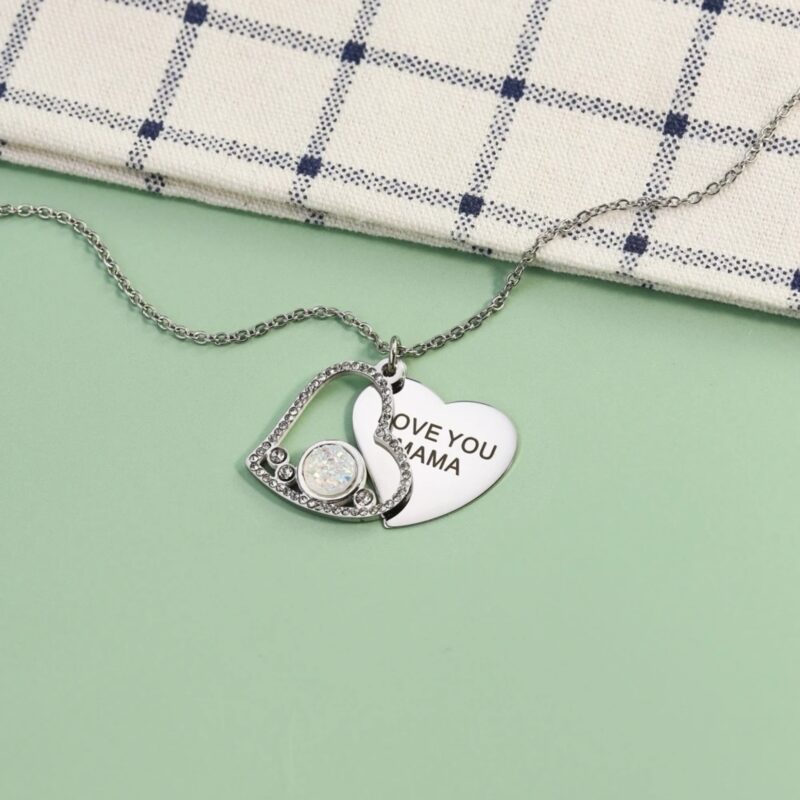 Customized Silver Heart Necklace with Stones