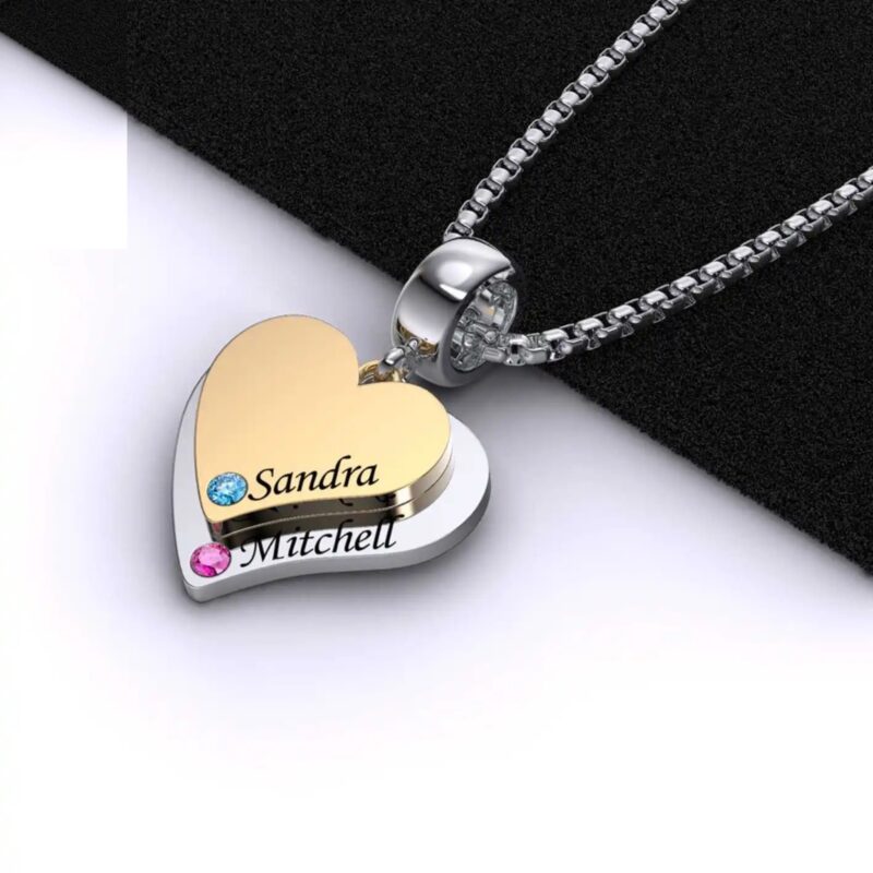 Customized Premium Double Heart Gold Silver Pended Name Necklace with Stone for Women