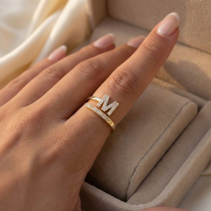 18k Gold Custom Initial Ring - Personalized VSSI Diamond Letter Ring for Women